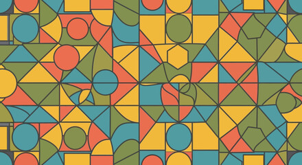 Abstract geometric pattern with colorful shapes and lines.