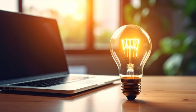 An incandescent lightbulb shines brightly on a wooden desk beside a laptop computer. Blurry green plant and sunlight fill background