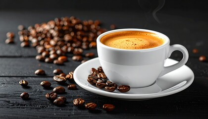 Fototapeta premium Steaming coffee in a white cup on a saucer, with spilled beans and dark wooden surface. Warm, inviting, and aromatic drink composition