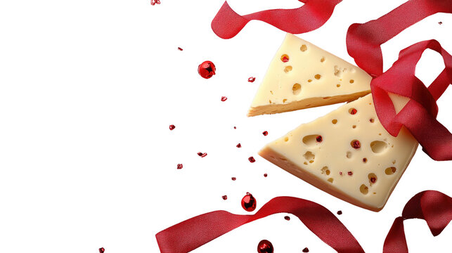 festive arrangement, two cheese slices and vibrant red ribbon with holiday elements. a delicious visual perfect for culinary themes. Isolated On Transparent and White Background