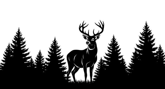 Majestic woodland stag silhouette standing among towering pine trees, embodying wilderness and natural elegance
