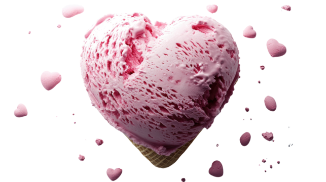 A single scoop of delightful pink ice cream shaped into a heart, overflowing with sweetness, served in a cone. Isolated On Transparent and White Background