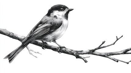 Fototapeta premium Monochrome drawing of a bird perched on a branch
