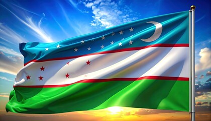 Fototapeta premium Waving Uzbekistan flag with crescent moon and twelve stars on blue, white, and green stripes—symbolizing national identity, cultural heritage, and sovereign pride.