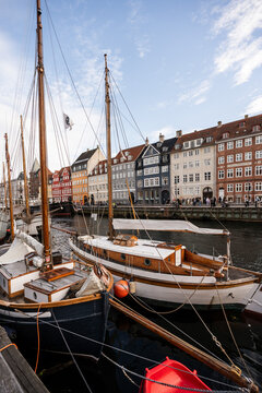 Copenhagen, Denmark. Views and architecture along Nyhavn historical port waterway of Scandinavian region