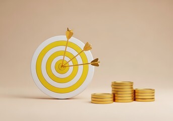 Three arrows hit the center of the target with stack of coins on beige background
