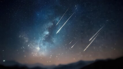 Night sky with shooting stars over silhouetted mountains