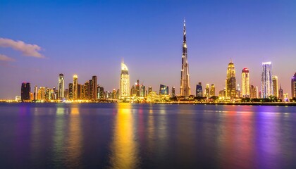 Obraz premium City skyline at twilight reflecting in water