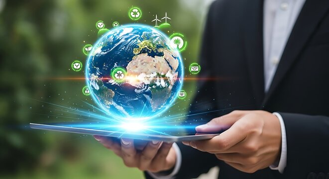 Earth hologram digital tablet green technology image