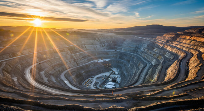 Golden sunrise illuminates vast open pit mine landscape with industrial operations