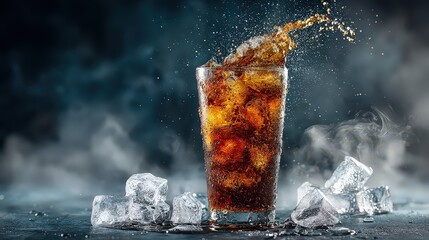 Dark Soda Glass With Splashing Drink and Ice Cubes
