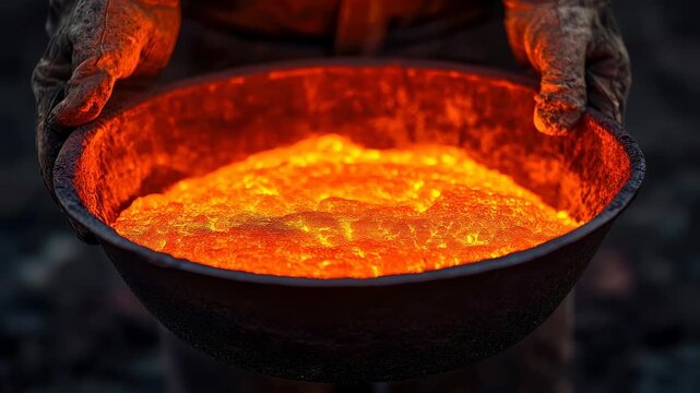 Molten metal glowing orange foundry bowl with intense heat and industrial energy, dramatic lighting highlights industrial process round container