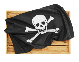 Pirate Flag Draped Over Wooden Crate, Overhead Angle, isolated on transparent background PNG