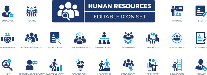 Human resources and recruitment icon set featuring hiring, diversity, employee, hiring, interview, performance, recruitment, talent, approval, contract, human, ,and HR processes.
