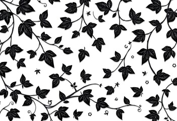 Intricate black leaf and vine pattern on white background, design, organic