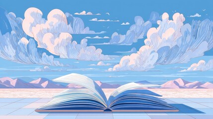 Simple flat cartoon illustration featuring open glass book with graduation hat against blue sky background with white clouds and distant mountains in light pink color scheme.