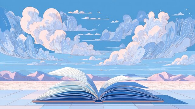 Simple flat cartoon illustration featuring open glass book with graduation hat against blue sky background with white clouds and distant mountains in light pink color scheme.