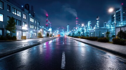 Fototapeta premium Dramatic Industrial Oil Refinery at Night with Reflections and Bright Lights