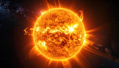 Fiery orange sun radiates intense light against a backdrop of distant stars and faint nebulae. Swirling plasma dances on its surface