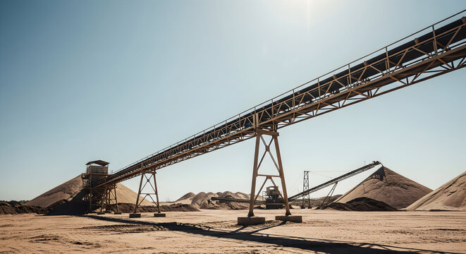 Industrial conveyor belt system transports aggregate over sandy terrain