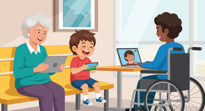 Grandmother and child with a man in a wheelchair using technology. - Powered by Adobe