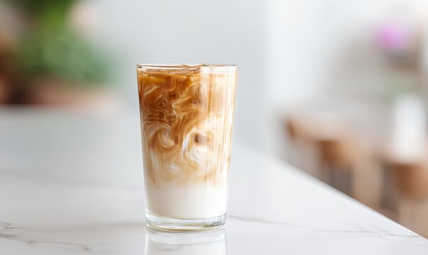 Creamy iced latte with layered milk and espresso in a transparent glass cup