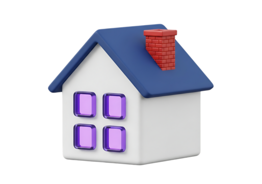 Illustration of a simple 3d cartoon house with a blue roof and red chimney, isolated on transparent background on transparent background