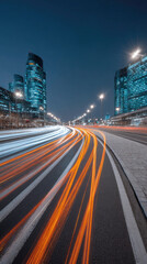 Obraz premium Light trails on city road at night with illuminated buildings