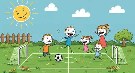 Happy family playing soccer outdoors