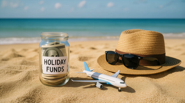 Holiday funds savings jar with dollar bills hat sunglasses and toy airplane on sandy beach near ocean water representing travel budget planning summer vacation and tourism concept