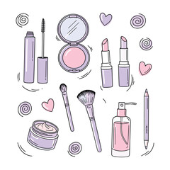 Pastel colored makeup and cosmetic items with decorative swirls and hearts cosmetics lipstick