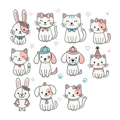 Obraz premium Cute cartoon bunnies cats and dogs with pastel accents and stars bunny