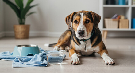 Beagle dog lying on the floor beside food and water bowls at home  