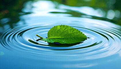 Green leaf floating on calm blue water with circular ripples, evoking nature, freshness, and peaceful eco-friendly balance.