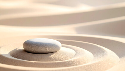 Round stone centered in raked sand circles, embodying Zen garden aesthetics, inner peace, and mindful contemplation.