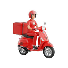Red Scooter Delivery Man on Transparent Background A 3D Render of a Courier Delivering Food with a Red Scooter and Matching Outfit for Fast Service