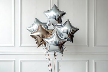 A bunch of star shaped foil balloons in silver and gold against a white paneled wall backdrop indoors
