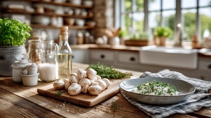 Sliced Mushrooms on Wooden Cutting Board with Oil and Rice Next to Bowl of White Cheese in Bright Kitchen