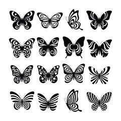 Collection of sixteen black and white stylized butterfly silhouettes with intricate patterns vector