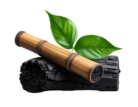 Angled Bamboo Charcoal Stick with Leaf Overlapping, Dynamic Composition, Transparent PNG