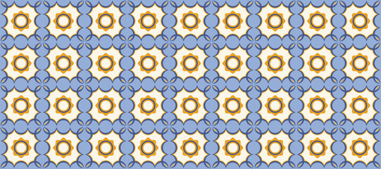 Geometric Tile Seamless Pattern with Blue and Orange Floral Motifs