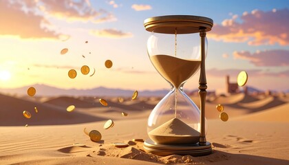 Hourglass in desert sands with floating coins, a distant city and setting sun, symbolizing time, wealth, and arid landscape