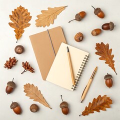 Flat lay of notebooks pens acorns and autumn leaves on a white surface creating a seasonal theme look