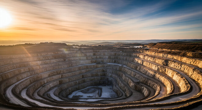 Vast open pit mine at sunset with layered earth and dusty roads