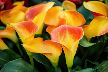 Vibrant Calla Lily Bouquet: Colorful array of flowers creating a close-up group orange yellow