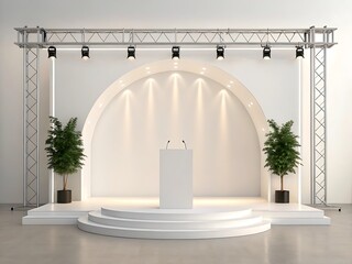 White stage with podium plants spotlights and metal frame for events and presentations backdrop design 100