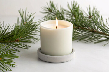 Minimalist white pillar candle burning on concrete holder surrounded by fresh green pine branches creating serene winter ambiance.