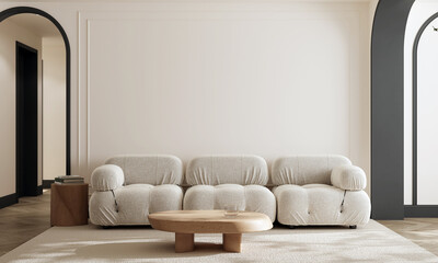 Home and living and white room interior, cozy living room interior and white sofa mock up, empty white wall, 3d rendering
