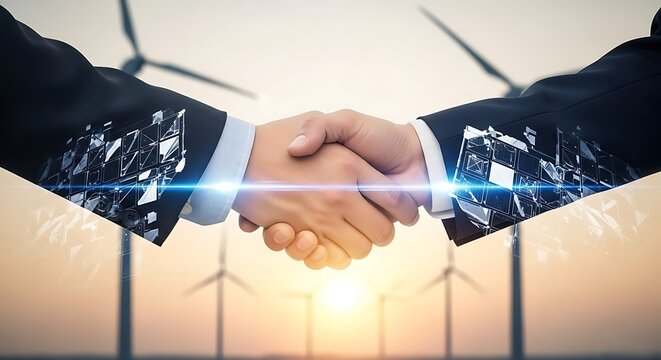 Partnership Handshake Agreement For Green Energy With Wind Turbine Farm.
