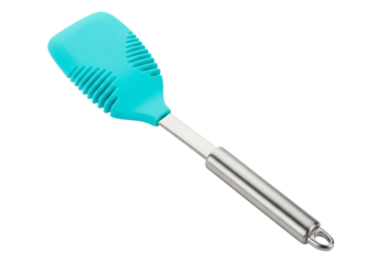Turquoise silicone spatula with metal handle isolated on transparent background